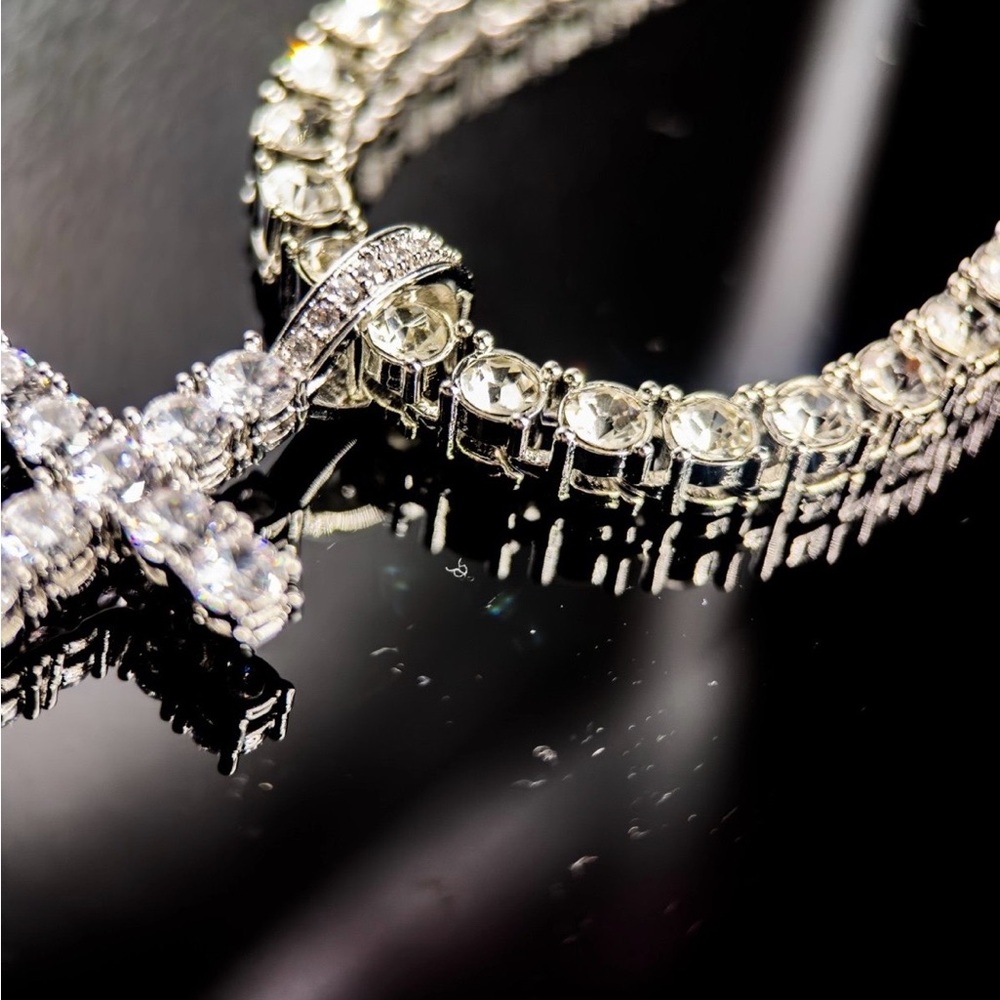 White Gold Plated CZ Cross Pendant + Tennis Chain Necklace 20” - Picture 2 of 4